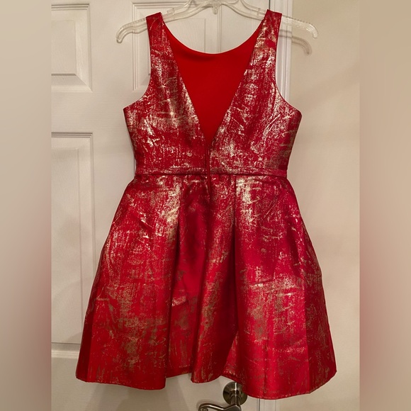 Valiant Paris Red Fit & Flare Metallic Gold Detail Mini Dress - Picture 2 of 7